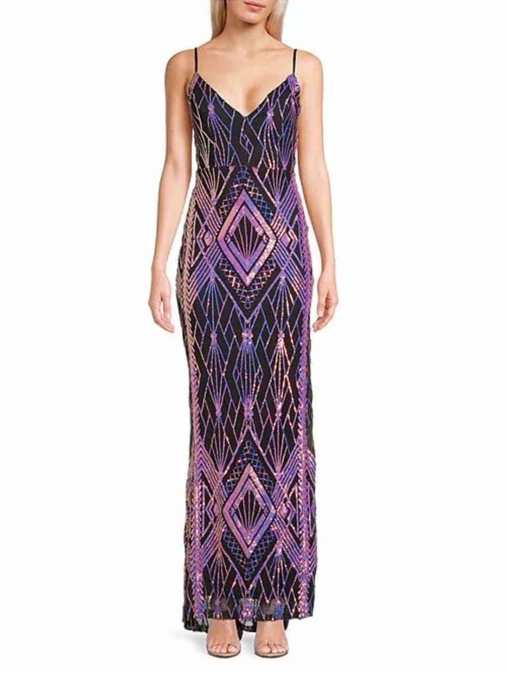 Honey and Rosie Black Maxi Slip Dress with Purple Sequin Geometric Pattern